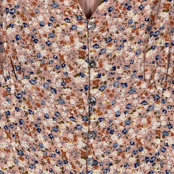 Pink Boho Ditsy Dress Size Medium Floral Ruffle Skirt Corset Button Up Bodice - Picture 2 of 10